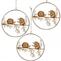 Pendentif en métal, hérisson sur branche, décoration automne, anneau décoratif, cadre en acier inoxydable Ø15.5cm 3pcs