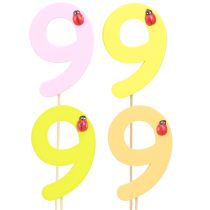 Article Chiffre d&#39;anniversaire «9» sur le bâton, bouchons numérotés en bois coloré 7,5cm 16 pièces