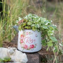 Pichet, jardinière, cache-pot métal motif rose H12cm Ø10.5c