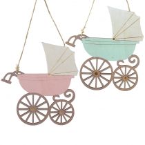 Article Décoration à accrocher Pram Pink / Blue 16,5cm x 15cm 6pcs