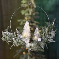 Couronne lumineuse avec sapins et boules, Avent, décoration hiver à accrocher, Anneau décoration LED argent L45cm Ø30cm