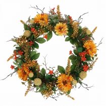 Couronne d&#39;Automne Fleurs en Soie Jaune Gerbera Chardon Couronne Murale Ø42cm
