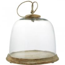 Cloche en verre avec plaque en bois, cloche à gâteau avec manche en jute H19cm Ø22.5cm