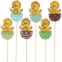 Article Décoration de Pâques poussin dans un œuf figurine décorative en bois sur bâton Pâques 7cm 12 pcs