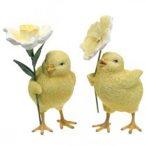 Joyeuses Pâques poussins, poussins avec fleurs, décorations de table Pâques, poussins décoratifs H11/11.5cm, lot de 2