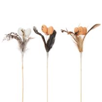 Article Œufs de caille artificiels, plumes décoratives sur bâtonnet, 36 cm, lot de 12