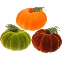 Déco citrouille mélange floqué orange, vert, rouge décoration d&#39;automne 16cm 3pcs