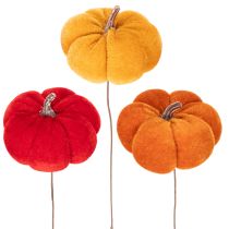 Article Citrouille décorative sur fil de fer, décoration d'automne, velours, ensemble tricolore, 8 cm, 9 pièces