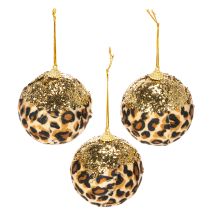 Article Boule de Noël à motif léopard avec paillettes dorées, 7 cm, lot de 3