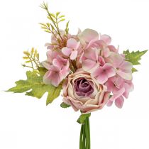 Bouquet artificiel, bouquet d&#39;hortensias avec roses rose 32cm
