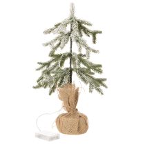 Article Plante artificielle enneigée, sapin de Noël LED en sac de jute, fonctionne sur piles, pour usage intérieur, 50 cm