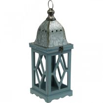Lanterne en bois avec décoration en métal, lanterne décorative à suspendre, décoration de jardin bleu-argent H51cm