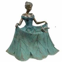Figurine jardin bain d&#39;oiseau fille en robe fleurie H33.5cm