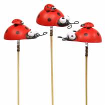 Article Bouchon décoratif coccinelle sur bâton bois rouge, noir 4cm x 2,5cm H23,5cm 16 pcs