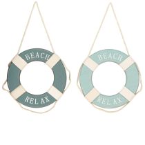 Article Bouée de sauvetage décorative en bois à suspendre Bleu maritime Ø13cm 2pcs