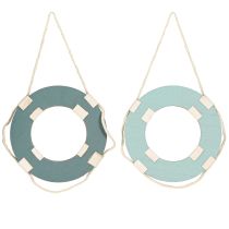 Article Bouée de sauvetage décorative en bois à suspendre Bleu maritime Ø13cm 2pcs