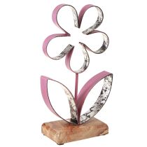 Article Décoration Métal Fleur sur Socle Bois Vieux Rose Argent H29cm