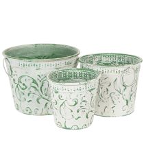 Article Pots en métal avec anses, cache-pots à décor en relief, blanc, vert, style shabby chic, H 20,5/18,5/16 cm, Ø 25,5/20,5/15,5 cm, lot de 3