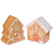Article Boîte de Noël, boîte à biscuits, sapin et maison de Noël, aspect pain d'épice, 14 cm, 2 pièces