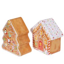Article Boîte de Noël, boîte à biscuits, sapin et maison de Noël, aspect pain d'épice, 14 cm, 2 pièces