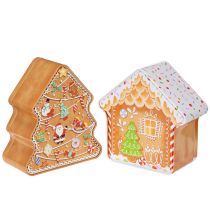 Article Boîte de Noël, boîte à biscuits, sapin et maison de Noël, aspect pain d'épice, 14 cm, 2 pièces