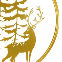 Article Décoration murale ou à suspendre en métal doré avec cerf et sapins - Ø38 cm
