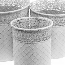 Cache-pot avec motif dentelle, vase en métal, seau décoratif blanc, argent Shabby Chic H28 / 25,5 / 23,5cm Ø29,5 / 25,5 / 20cm lot de 3
