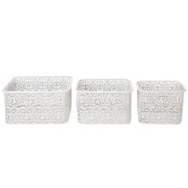 Article Bols en métal à motif dentelle, récipient décoratif, carré, style shabby chic, blanc, 27 x 23 x 19 cm, hauteur 13,5 cm, lot de 3