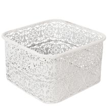 Article Bols en métal à motif dentelle, récipient décoratif, carré, style shabby chic, blanc, 27 x 23 x 19 cm, hauteur 13,5 cm, lot de 3