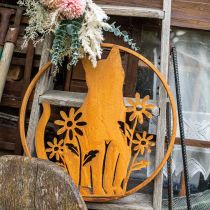Plaque en métal patine chat avec fleurs Ø38cm