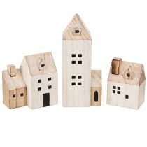 Article Mini Village de Noël Décoration en Bois Blanc Naturel H13/7cm 6 pcs