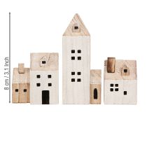 Article Mini Village de Noël Décoration en Bois Blanc Naturel H13/7cm 6 pcs