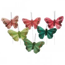 Mini papillon sur fil rouge, vert 6.5cm 12pcs