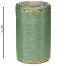 Article Ruban moiré vert sauge à bordure dorée, 150 mm x 25 m, ruban décoratif pour la confection de couronnes et d'œuvres florales