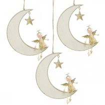 Article Décoration de l&#39;Avent, ange sur la lune, décoration en bois à suspendre blanc, doré H14.5cm L21.5cm 3pcs
