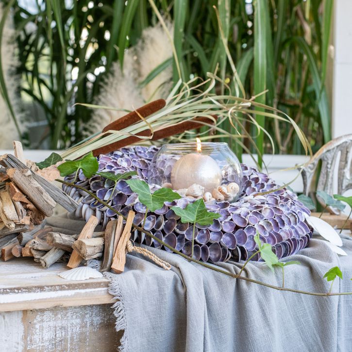 Couronne de coquillages, coquillages naturels chippy violet, anneau en coquillages Ø25cm