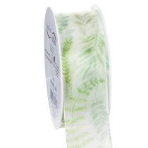 Article Ruban d'organza, ruban de mousseline, vert à motifs de feuilles, 40 mm de large, 15 m de long