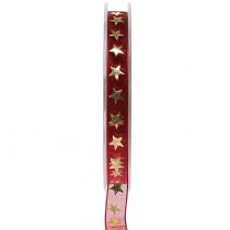 Article Ruban organza rouge foncé avec étoiles dorées 10mm 20m