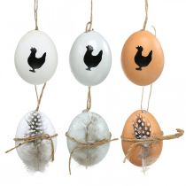 Décorations de Pâques, oeufs de poule à suspendre, oeufs déco plume et poule, marron, bleu, blanc lot de 6