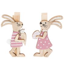 Article Pinces décoratives lapin de Pâques, décorations de Pâques en bois rose et blanc, 7,5 cm, lot de 4