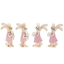 Article Pinces décoratives lapin de Pâques, décorations de Pâques en bois rose et blanc, 7,5 cm, lot de 4