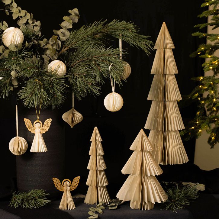 Article Sapin de Noël en Papier Sapin Petit Crème Doré H30cm