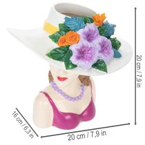 Article Vase décoratif représentant une femme avec un chapeau et des fleurs, pour l'intérieur et l'extérieur, 20 cm.