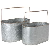 Article Pot de fleurs avec anse, pot en métal, jardinière, argenté, marron, H 22/20 cm L 42/40 cm, lot de 2