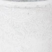 Article Pot de fleurs orné, cache-pot, récipient en métal, blanc, Ø 15,5 cm, H 14,5 cm