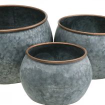 Pot déco, bol jardinière, vase métal argenté, aspect antique cuivré H22 / 20,5 / 16,5cm Ø39 / 30,5 / 25cm lot de 3