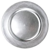 Assiette en plastique 25 cm argenté avec effet feuilles d'argent