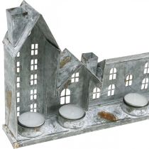 Article Maisons lumineuses, décorations de fenêtre, lanternes argentées, lanterne en métal aspect antique, L 67,5 cm x H 20 cm