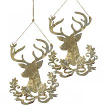 Article Décoration à suspendre en métal - Têtes de cerf dorées avec feuillage, set de 2, H23cm