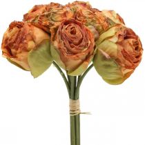 Bouquet de roses, fleurs en soie, roses artificielles orange, aspect antique L23cm 8pcs